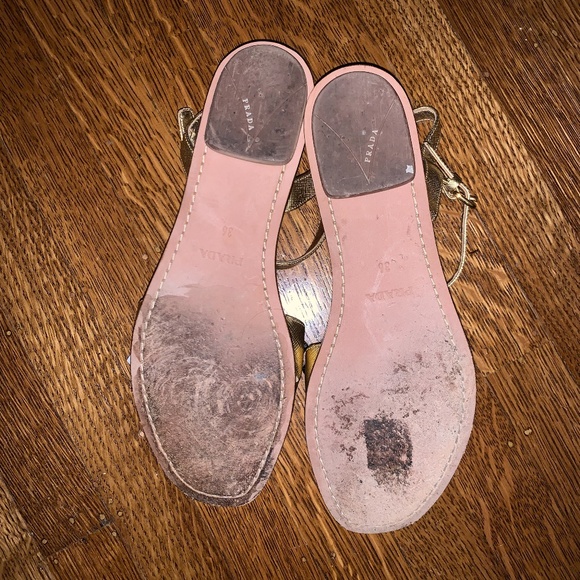 Prada Gold Leather Crystal Embellished Sandals - Picture 14 of 14